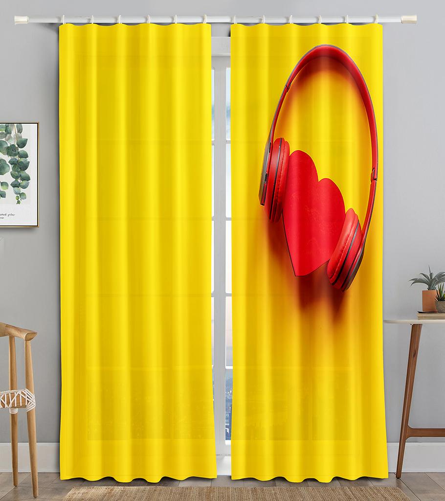 Earphone Music Red Heart Pink WaveBlackout Window Curtain for Living Room Bedroom Bathroom Kicthen Door Cupboard Decor Hooks