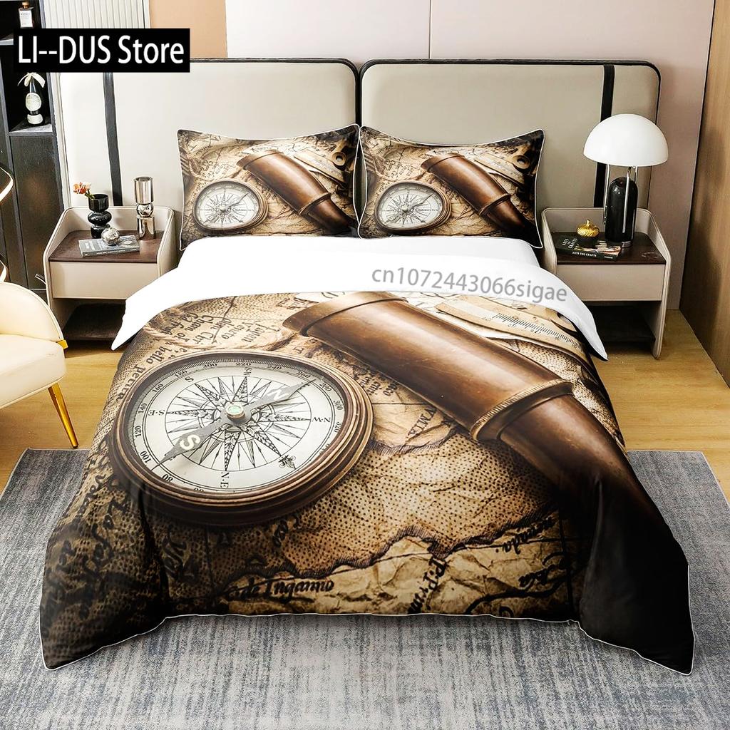 Compass Duvet Cover Set Marine Discovery Art Decorative 3 Pieces Bedding Set with 2 Pillow Shams Twin Full Queen King Size