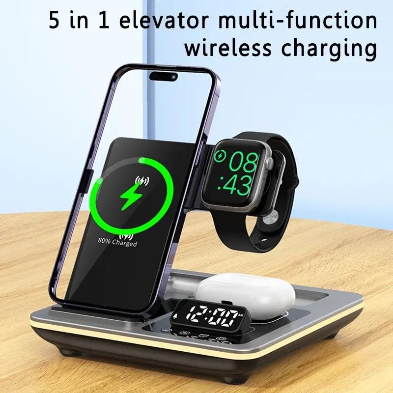 5 In 1 Wireless Charger Stand Alarm Clock LED Light Fast Wireless Charging Station Dock for iPhone 15 14 IWatch Airpods Pro