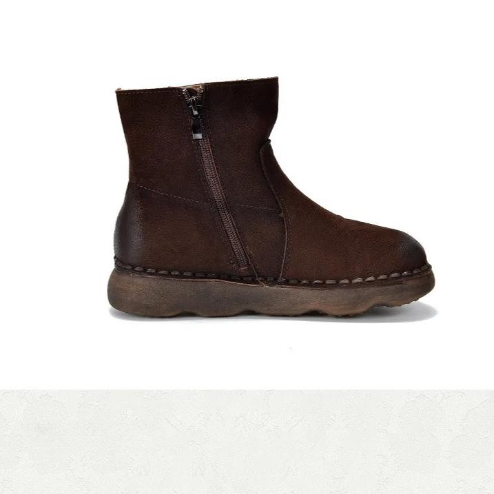 Johnature Versatile Women's Short Boots Round Toe Side Zipper Retro Genuine Leather Flat Boots