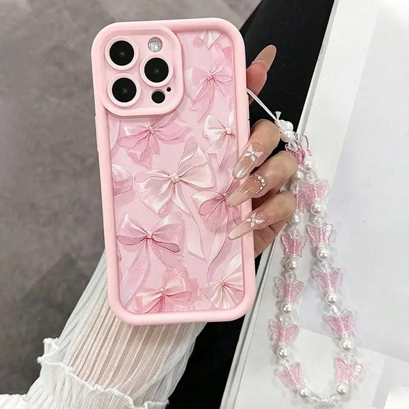 

Luxury Pink Bowknot Pattern Phone Case For iPhone 17 Air 16 15 14 13 12 11 Pro Max 16E 7 8 Plus With Lanyard Lanyard Rope Cover For iPhone 17 Pro