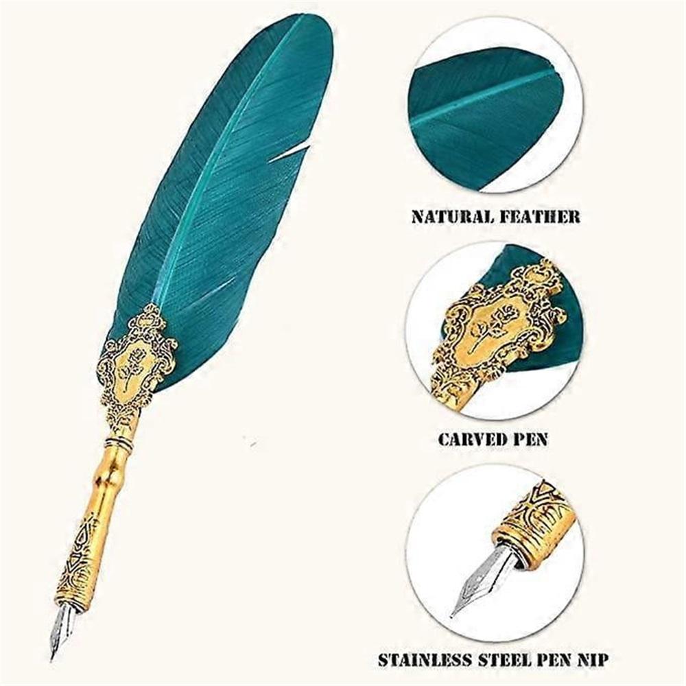 Vintage Feather Pen Set, European Classic Fountain Pen, Antique Peacock Feather Metal Nib Dip Pen