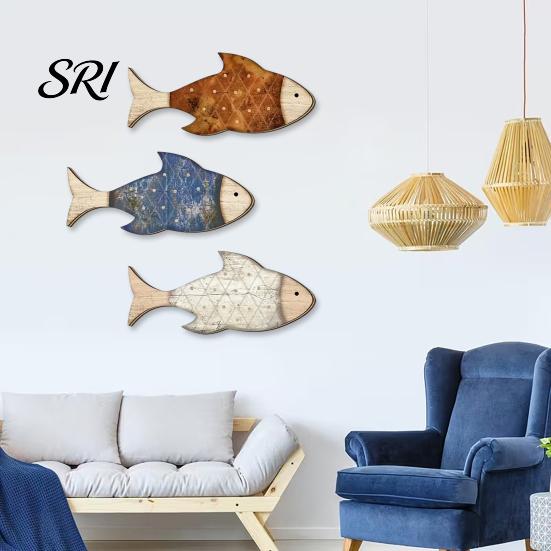 Eco-friendly Wall Decor 3 Pcs Rustic Wood Fish Art Beach Nautical Hanging Living Room Ocean Sculpture for Home Bathroom Solid