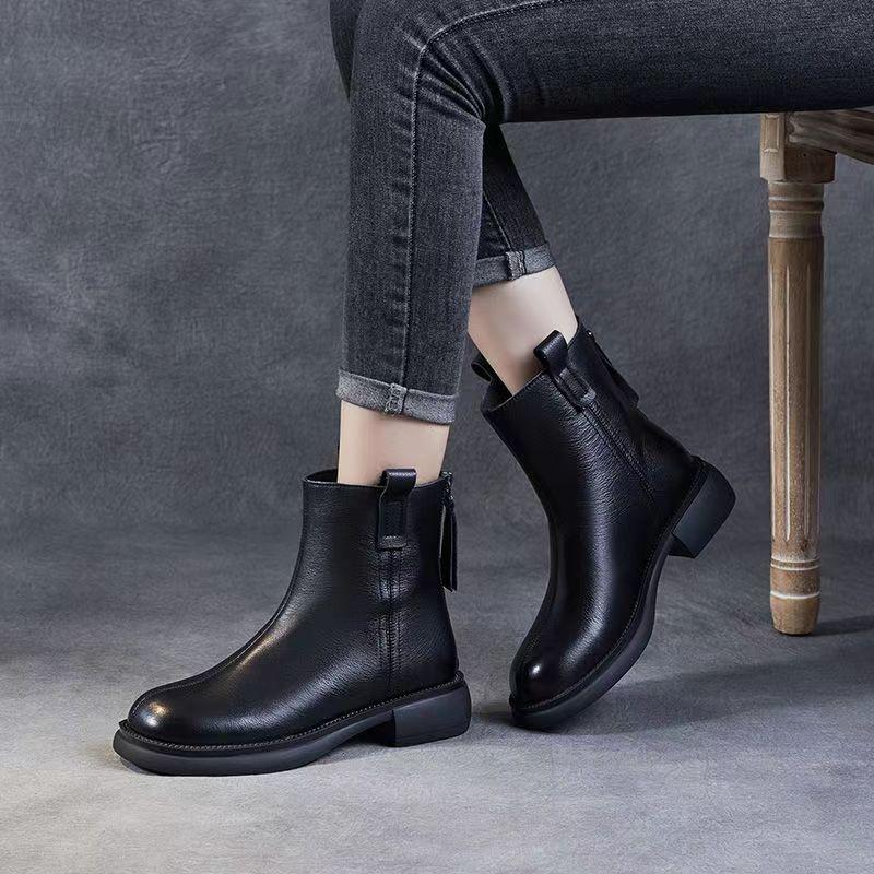 Soft Leather Boots Women's Autumn and Winter Boots New Mid-heel Soft-soled Zipper Winter Velvet Soft Leather Soft-soled Fashion Boots