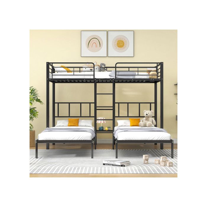 Lit superposé - Fer - 90x200cm*3 - Noir - 3 places - Échelle sécurisée