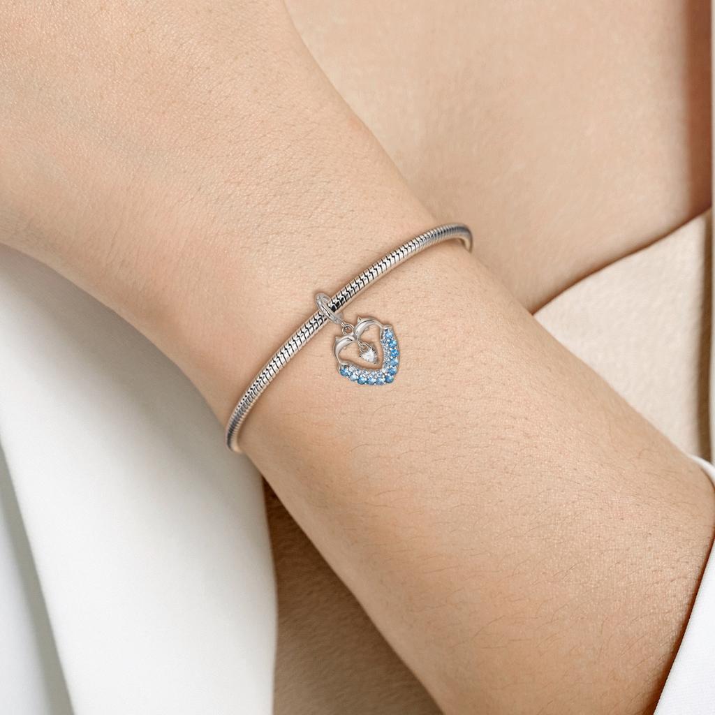 Genuine 925 Sterling Silver Blue Sea World Shark Embrace Love Heart Dolphin Collection Charms Love Pendant Fit for Charm Bracelet Beads