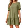Women Short Sleeve Round Neck Cotton Linen Dress Loose Fit Pleated Hem Casual Midi Dress with Puff Sleeves for Daily Wear