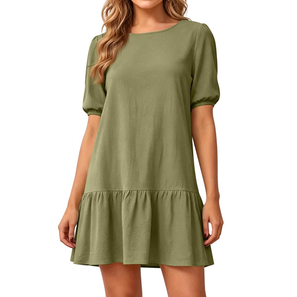 Women Short Sleeve Round Neck Cotton Linen Dress Loose Fit Pleated Hem Casual Midi Dress with Puff Sleeves for Daily Wear