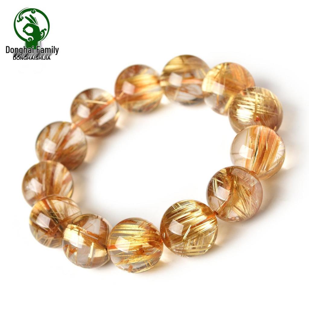 Brazilian Gold Silk Crystal Bracelet: Yellow Rutilated Quartz Beads for Men and Women