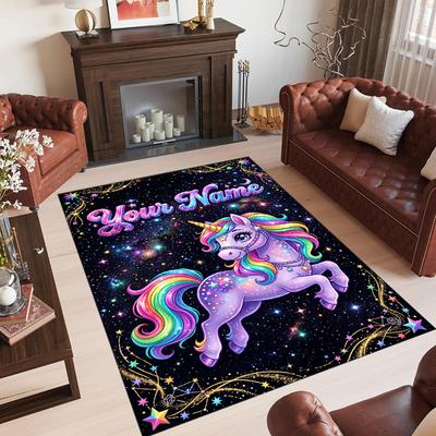 Unicorn Theme Crystal Velvet Floor Rug Personalized Custom Name Text Warm Carpet Home Decoration