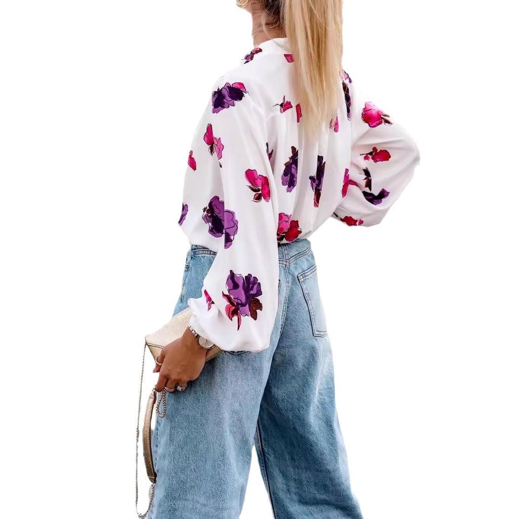 Autumn 2024 Floral Print Stand-up Collar Long Sleeve Shirt for Women - European & American Style