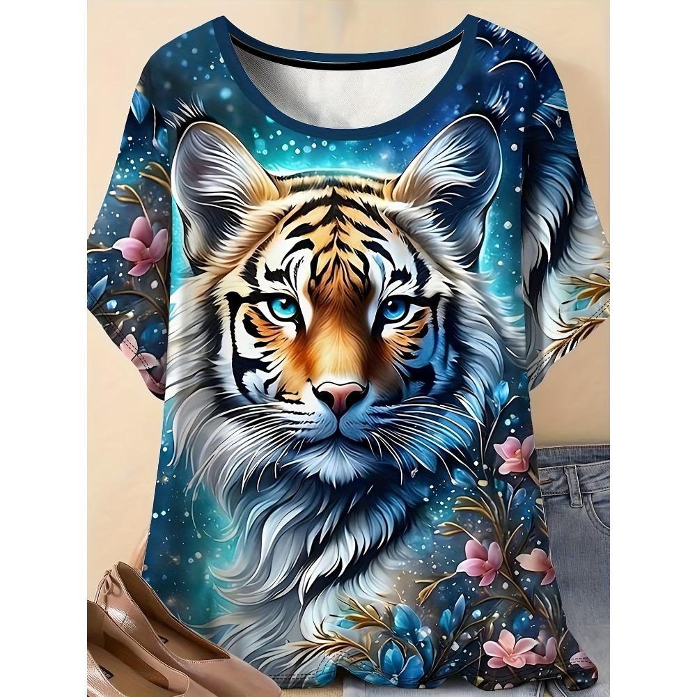 

Plus Size Casual Crew Neck Short Sleeve Tiger Horse Animal Print T-Shirt - Soft Stretch Polyester Fabric Spring and Summer Womens Relaxed Fit Clothing 7XL