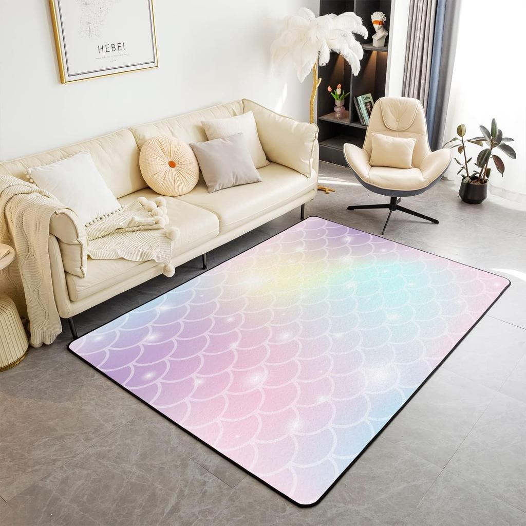 Koberec s potiskem mořských šupin Barevný Zábavný Potisk rybích šupin Koberec do obývacího pokoje Oceánský motiv Vnitřní podlahová rohožka Třpytivá Dekorativní rohožka