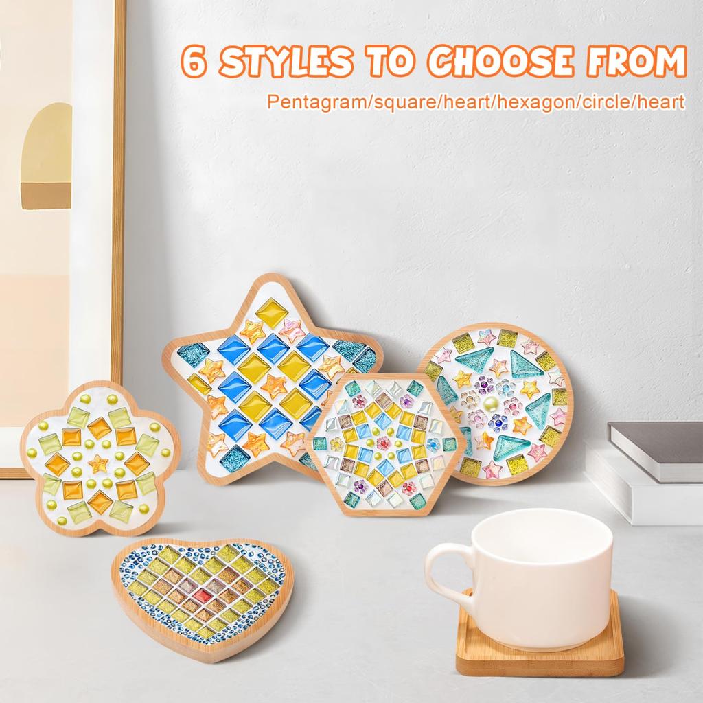 HOODANCOS 6 kusů DIY Mozaikové podtácky, Dřevěné podnosy k vyplnění, Podtácky pod nápoje, Nedokončené prázdné základní podnosy, Umělecké desky, Potřeby pro výrobu mozaiky