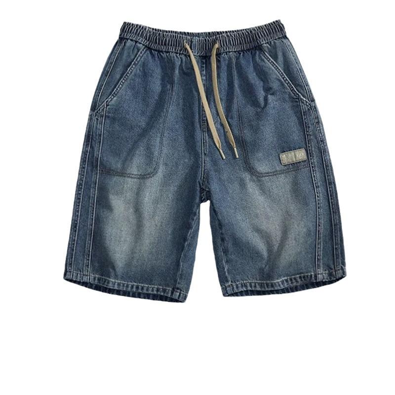Men's Retro Washed Distressed Denim Shorts - Loose, Elastic Waist, 5-Point Straight Fit for Summer Trend