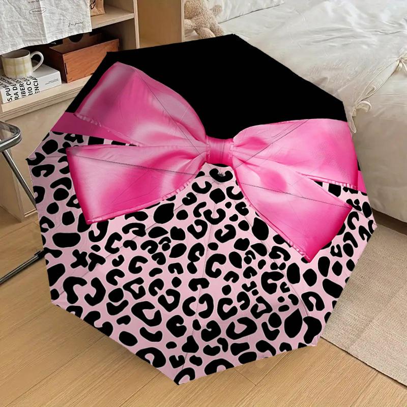 1PC Pink Leopard Print Bow Umbrella-8-Rib Reinforced, Automatic Open, Lightweight & Durable, Fashion Accessory for Outdoor, H0365