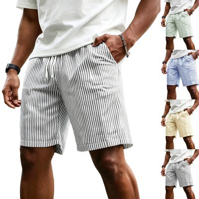 Men's Casual Striped Linen Shorts, Elastic Waist Drawstring Summer Beach Shorts With Pockets, Loose Fit Cotton Linen Shorts