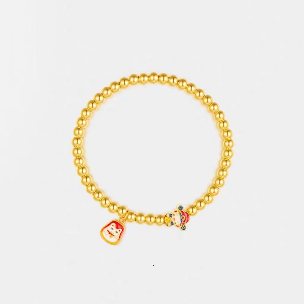 

Vietnamese Gold Lucky Cat Wealth Bracelet - Chinese Style Gilt Beaded Women s Jewelry, Ideal Gift for Girlfriend s Zodiac Year.