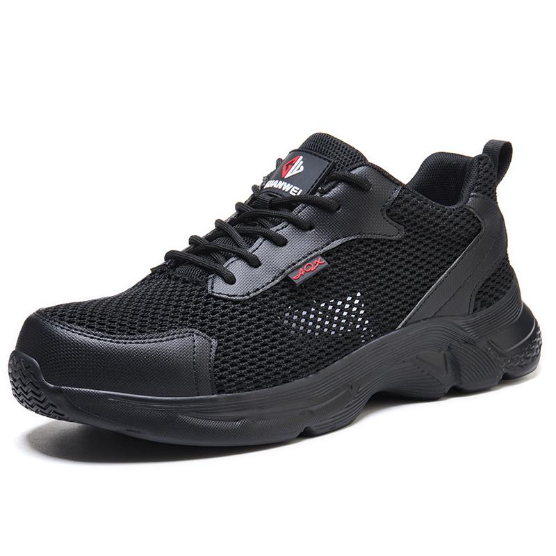 Men's Summer Breathable Mesh Safety Shoes with Plastic Toe Cap Anti Slip Industrial Work Sneakers Black