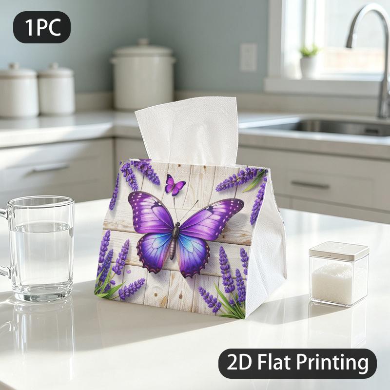 1pc Tissue Box, Natural Style Purple Butterflies Lavender Calm Pattern, 2D Flat Printing, Lightweight, Foldable, Tissue Organizer, for The Dining Tabl