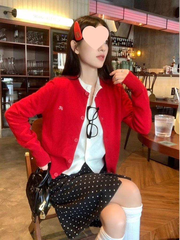 Women's Korean-Style Red Cardigan Sweater Coat - Loose Slimming Knit Top for Spring & Autumn 2025