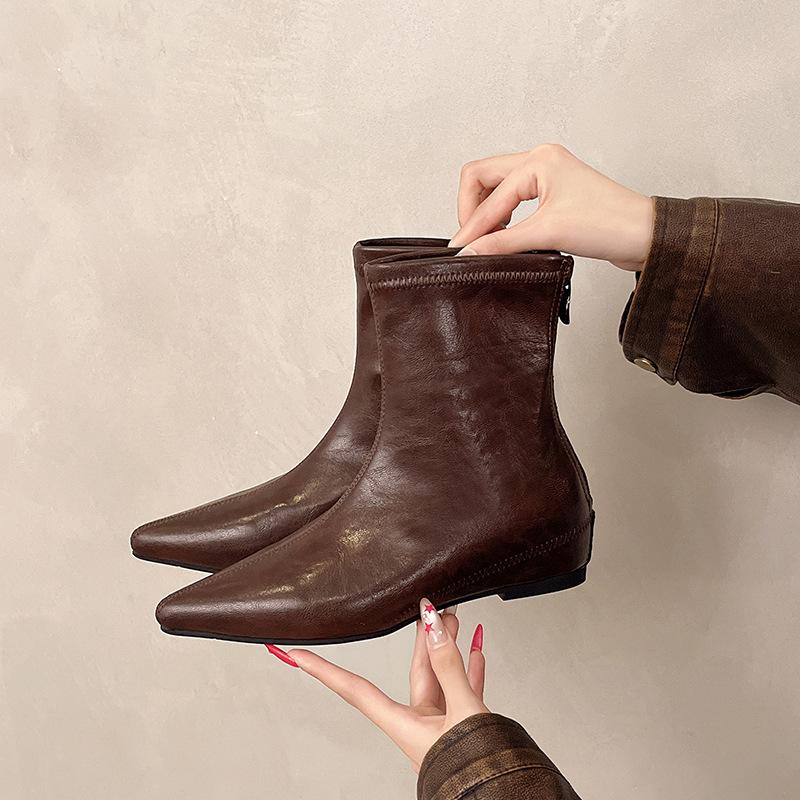 Korean Version of Pointed Short Tube Thin Boots Women's Boots Autumn and Winter New Models with Skirts French Thin Short Boots and Bare Boots