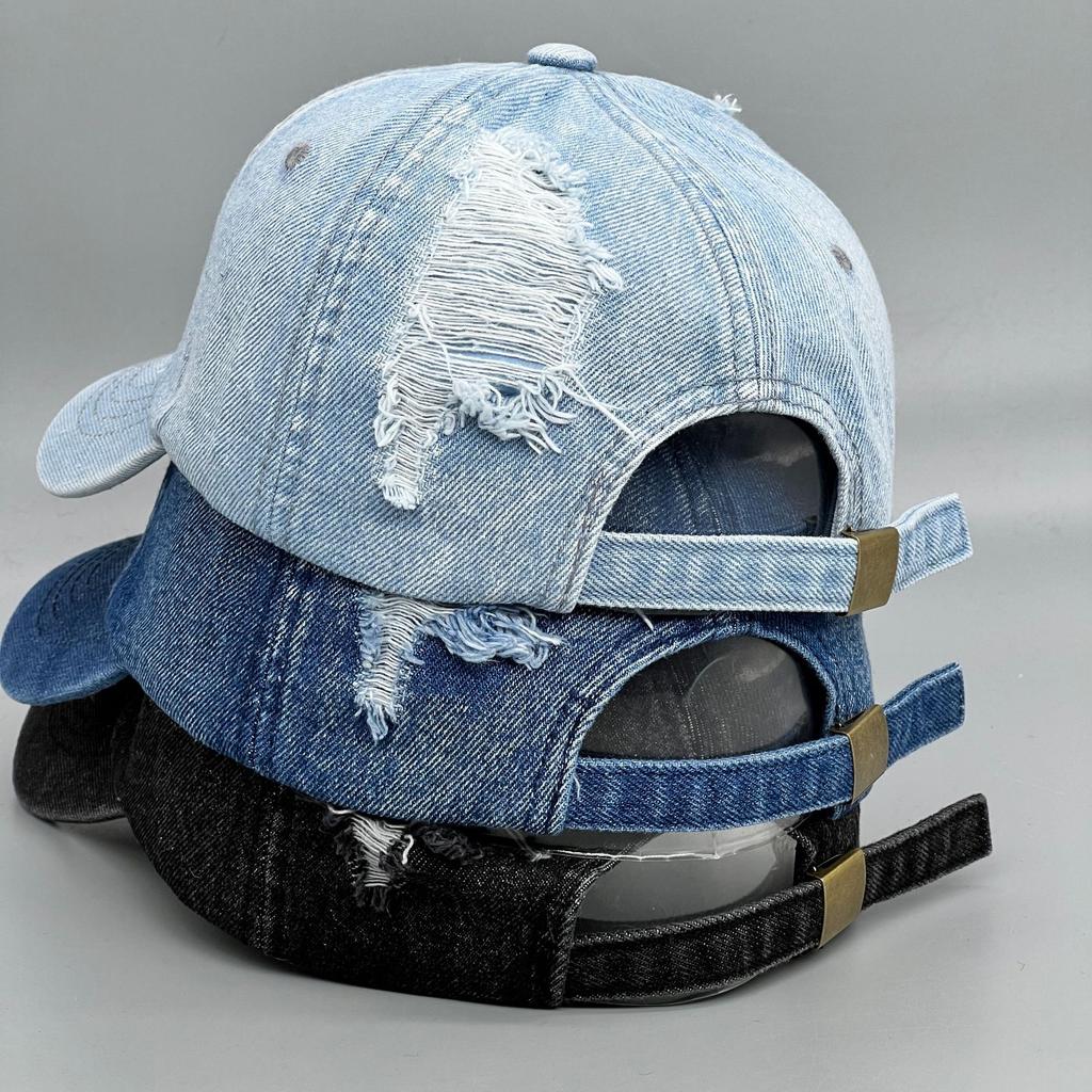 Niche design ripped denim baseball cap women's four seasons street dance solid color cap stylish washing Internet celebrity couple tide