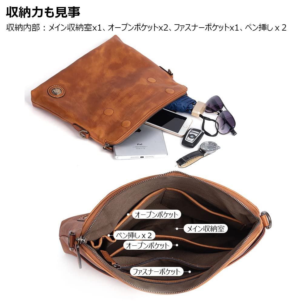 Whatna Antique-Style Tanned Natural Cowhide Leather Shoulder Bag for Men, Messenger Bag, Small Business Bag with 2 Pen Holders, Fits A4 Sizes and