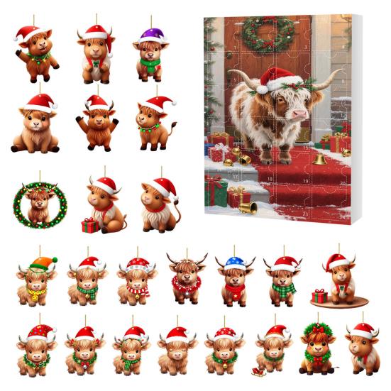 Scottish Highland Cow Advent Calendar Christmas 24 Days Funny Cow Countdown 2D Design Holiday