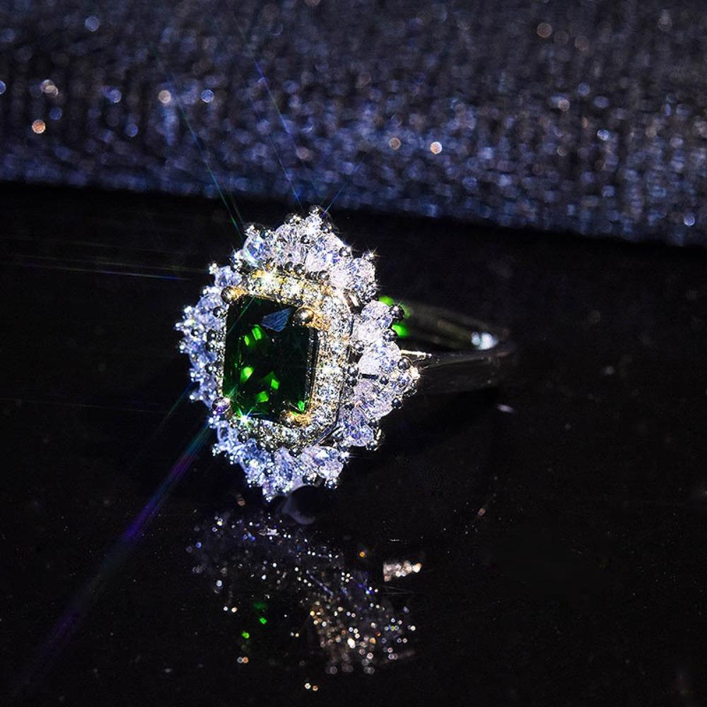 Luxury Open Ring Emerald Imitation Green Gemstone Double Tone Full Diamond Wedding Band for Women