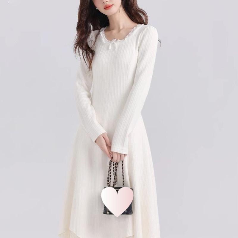Elegant Pure White Lace Long Dress for Women - Perfect Base Layer for Autumn/Winter 2026, Pair with a Coat