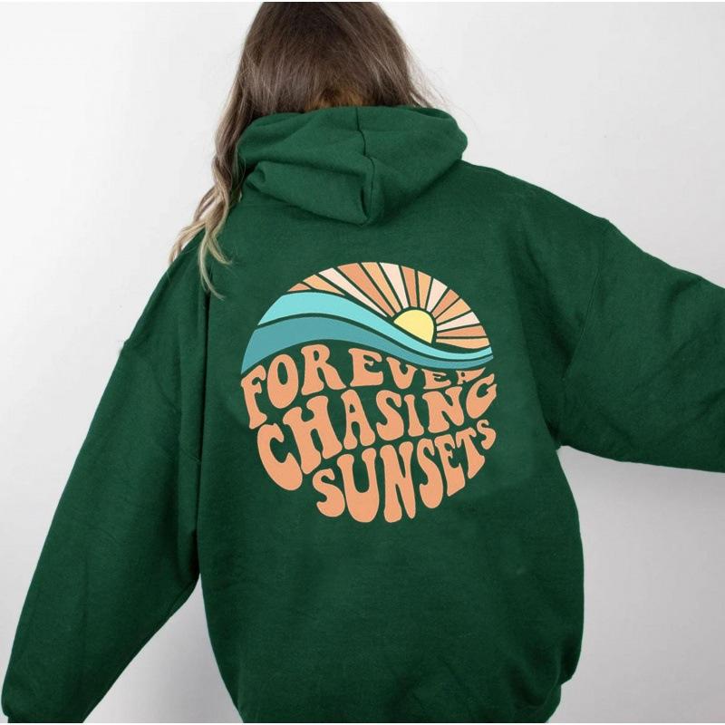 Forever Chasing the Sunset Print Kangaroo Pocket Drawstring Hooded Women's Fleece Sweater