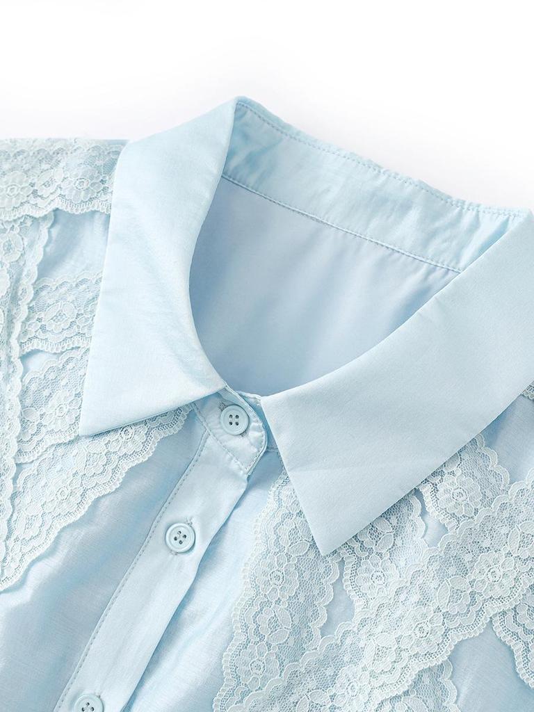 Elegant French Fine Spun Lace Puff Sleeve Cotton Blouse - Women's Summer Top