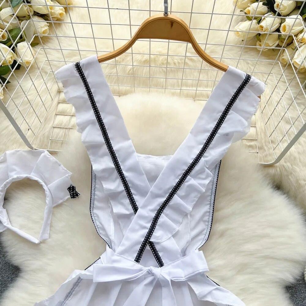 Sweet Bow Ruffles Erotic Pajams Dress Women A-line Sheath Short Tank Top Night Dress Cosplay Sexy Lingerie Nightwear