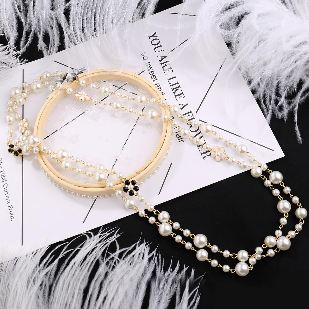 Long Pearl Necklace with Double-Sided Enamel Camellia Pendant, Coquette Aesthetic Y2K Minimalist French Chic Versatile Layering Chain for Women