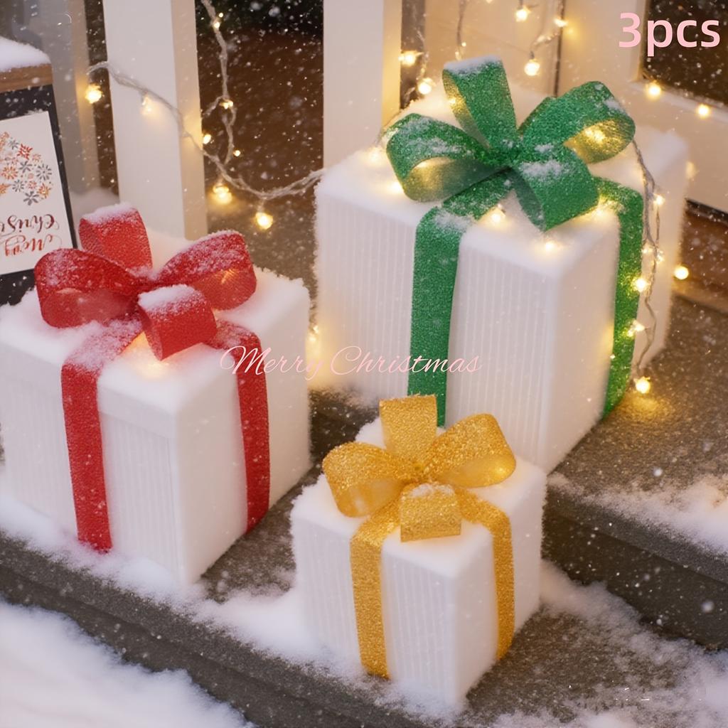 3pcs Lighted Christmas Gift Box Set with Warm LED Lights & Snowy Ribbon Bows  Cordless Holiday Decor (Batteries Not Includ)