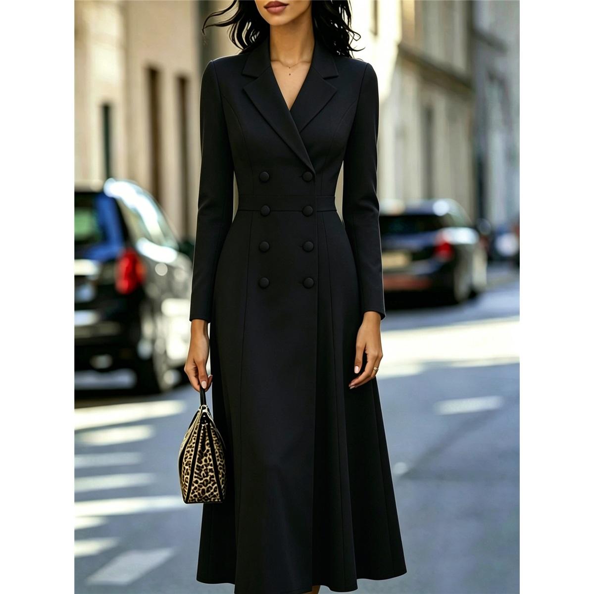 Damen Blazer Kragen Midi Kleid Zweireihig Langarm Schmale Taille A-Linie Formelles Partykleid XL schwarz