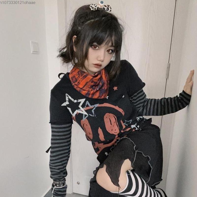 Autumn Aesthetic Punk Printed Long Sleeved Tops Women Harajuku Rock Y2k Fake Two Piece T-shirt Japanese Fashion Loose Casual Clothes