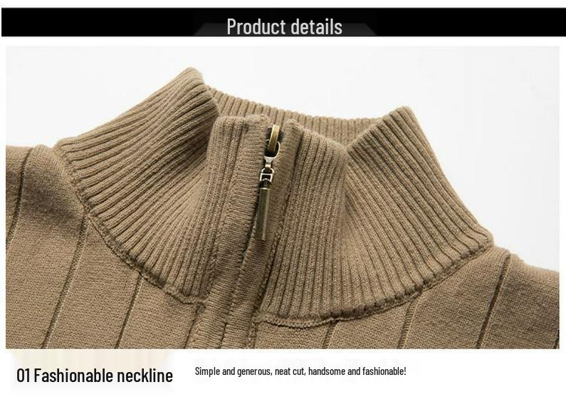 Men's Autumn/Winter Vertical Stripe Half High Collar Zip Knit Sweater