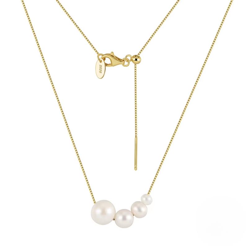 S925 Sterling Silver 14K Gold Plated Geometric Freshwater Cultured Pearl OT Clasp Thin Chain Adjustable Fashion Women s Necklace 18inches&beaded necklace