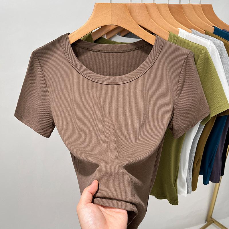 Závitové tričko s krátkým rukávem pro ženy Nové Dámské Jednobarevné triko s vnitřním zapínáním Módní top s velkým kulatým výstřihem