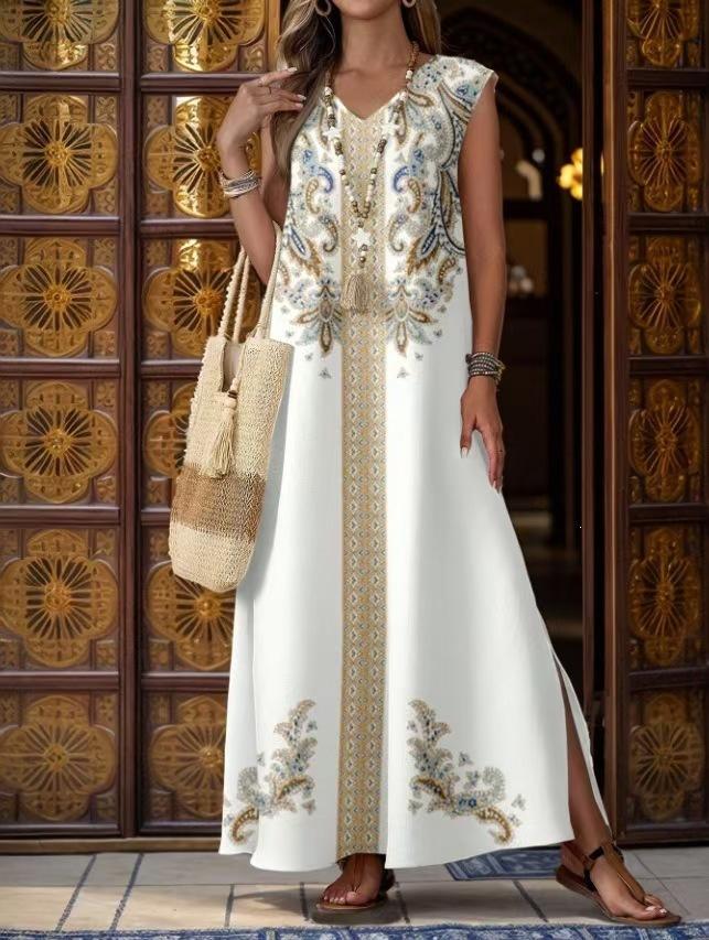 New Bohemian V-neck embroidered long dress sleeveless split beach vacation dress women's clothing
