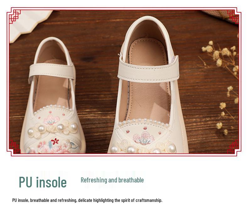 Embroidered Green Hanfu Shoes for Girls with Pearls - Traditional Chinese Style Children's Cloth Shoes