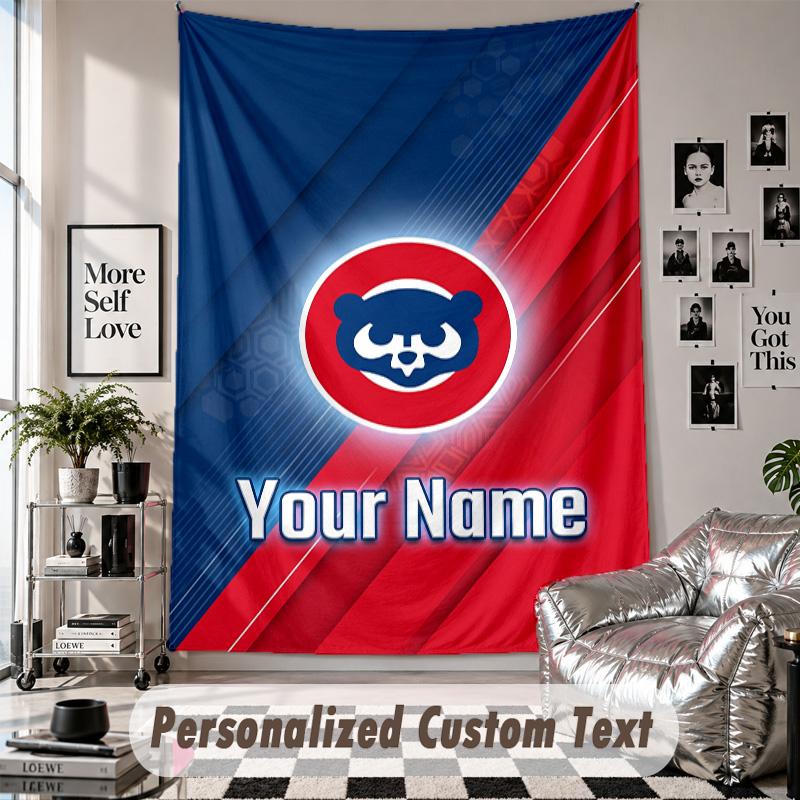 Wall Hanging Tapestry With Custom Name & Text, Chicago Cubs Decorative Tapestry For Bedroom
