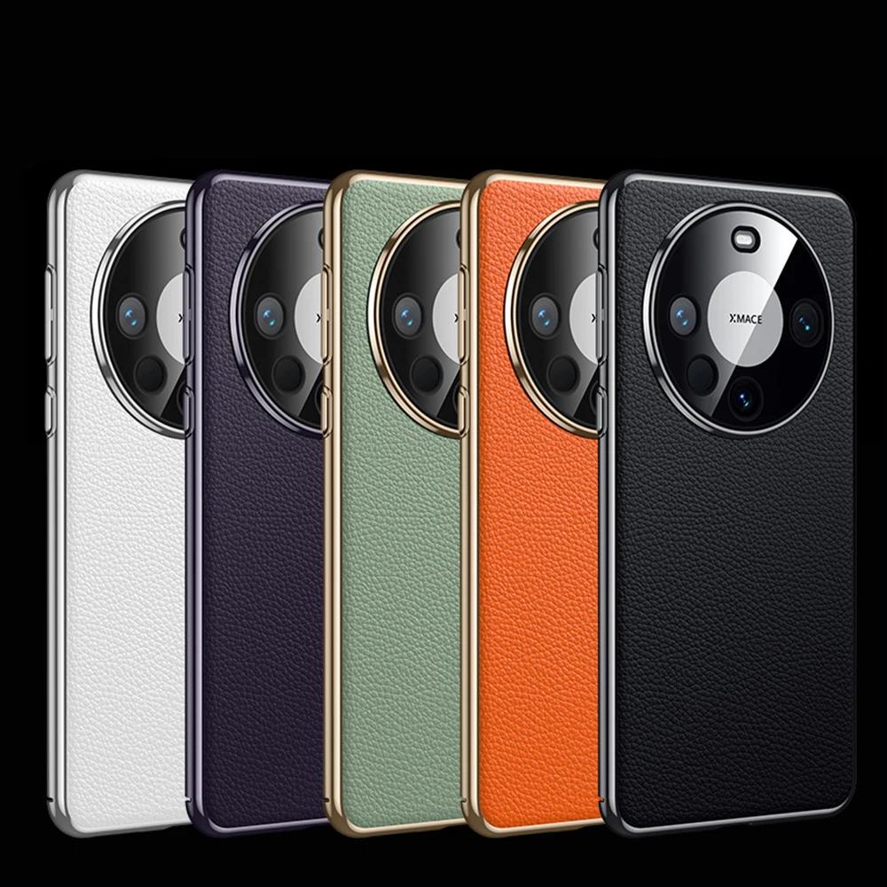 Genuine Cowhide Leather Phone Case for Huawei Mate 40 50 60 70 Pro Electroplating Bumper Full Lens Protection Back Cover Cases