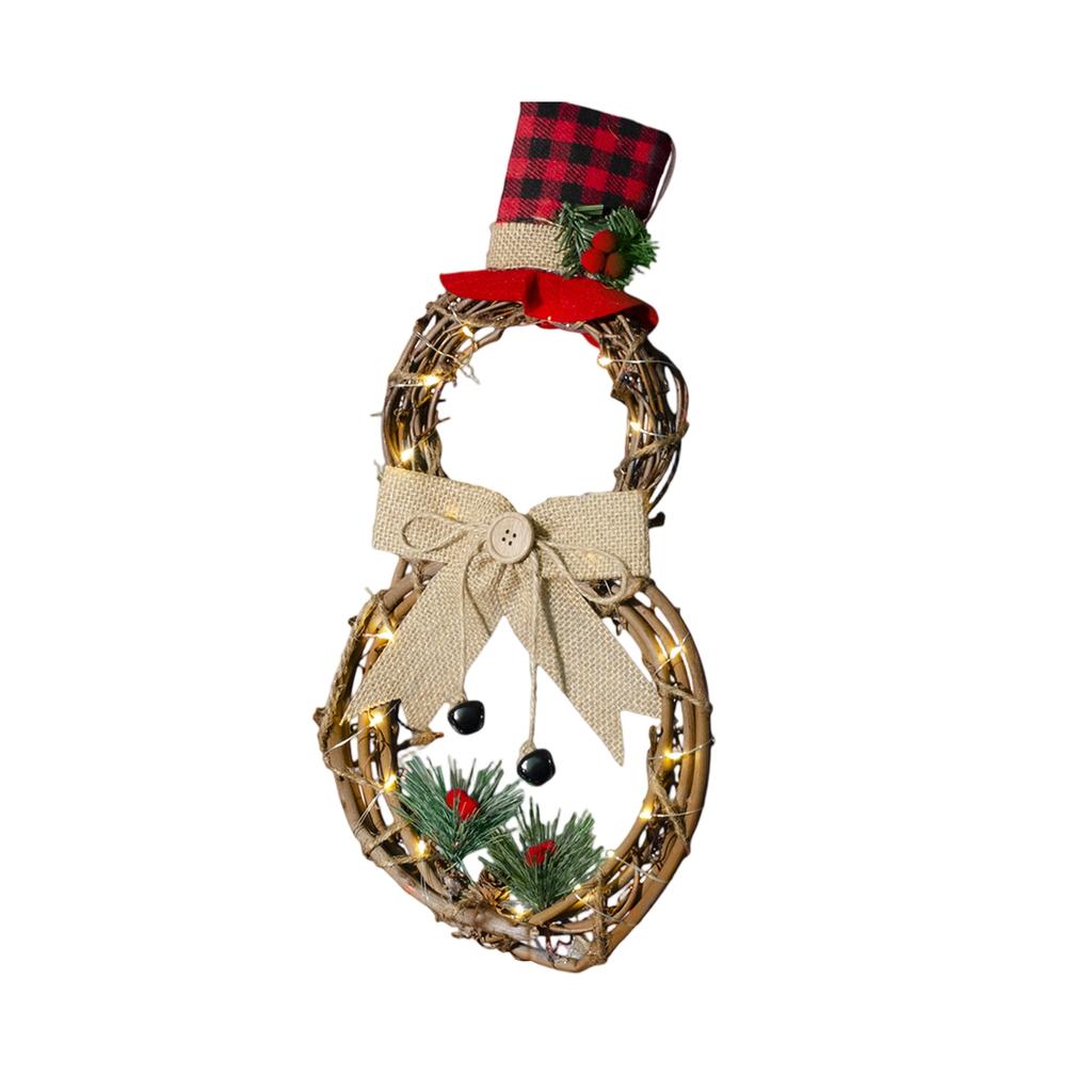 16 X 8 Inch Lighted Christmas Wreath Decoration, Grapevine Wreath With Hat And Bow Snowman Shape Wreath For Front Door Home Garden Wall Decor