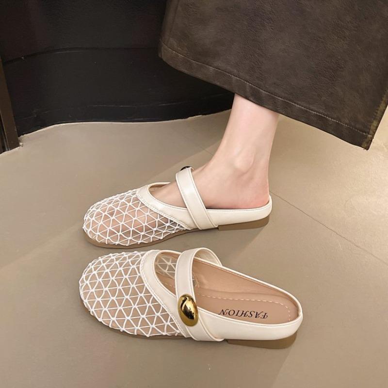 Round head fishing net hole shoes women's new one-pedal with skirt single shoes women's fashion flat slippers