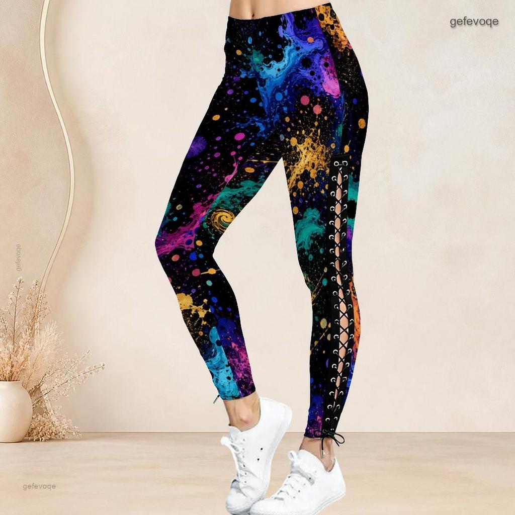 Women Plus Size High Waist Black Gold Printed Side Eyelet Lace Up Full Length Leggings
