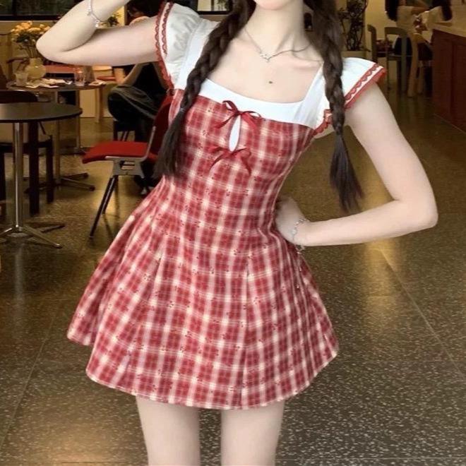 Sweet Red Plaid Summer Academic Style Waist-Cinched Short Dress