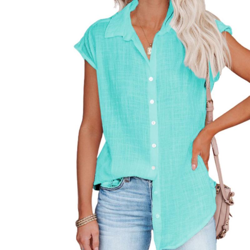 Camicetta da donna in lino di cotone tinta unita a maniche corte Camicie oversize con bottoni primavera estate Taglie forti Top lunghi con risvolto ampio